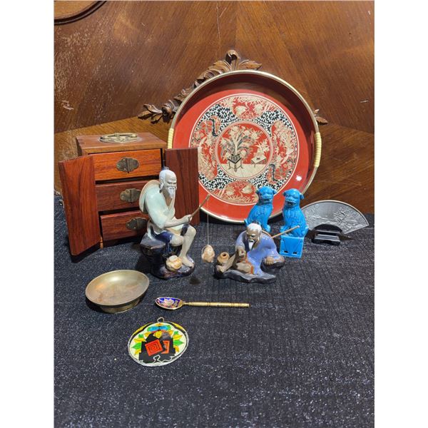 Asian Decorative Lot: Red Lacquer Tray, Porcelain Figures, Foo Dogs, Jewelry Box