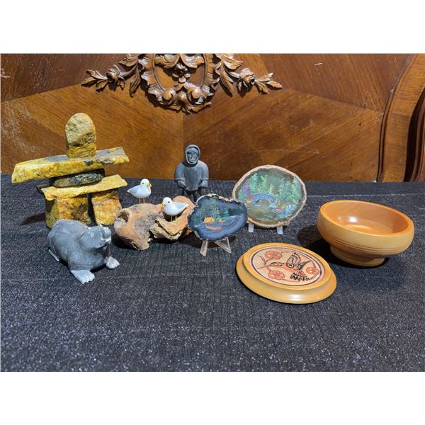 8 Canadian Folk Art and Indigenous-Inspired Items, Stone, Wood and Painted Pieces