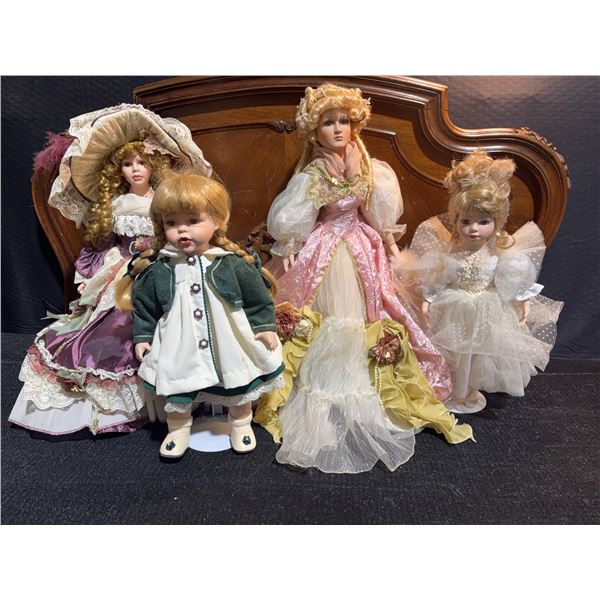 4 Porcelain Dolls with Period Costumes and Stands