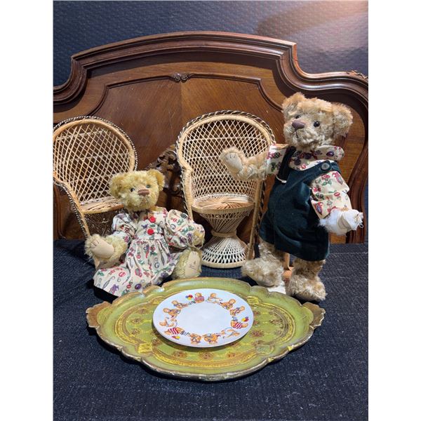 Rosié Artist Bears Pair, Wicker Chairs, Italian Florentine Tray, Plate Set