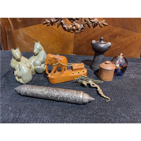 Decorative Lot: Metal Tubular Box, Soapstone Bears, Wooden Elephant, Candle, Dragon