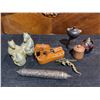 Image 2 : Decorative Lot: Metal Tubular Box, Soapstone Bears, Wooden Elephant, Candle, Dragon