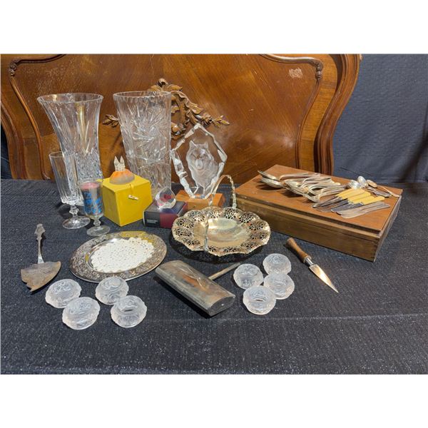 Crystal Decor, Silver Plate Serving Pieces, Flatware Set and Knife Lot