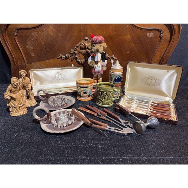 Lot with Beer Steins, Flatware Sets, Figurines, Candle Holders, Bar Tools, Teddy Bear