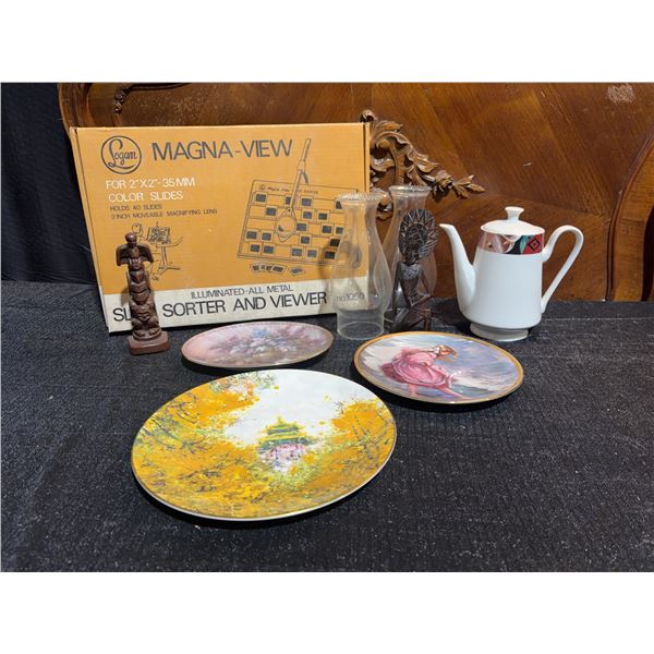 Lot: Logan Magna-View, Porcelain Plates, Teapot, Figurines, Decanters