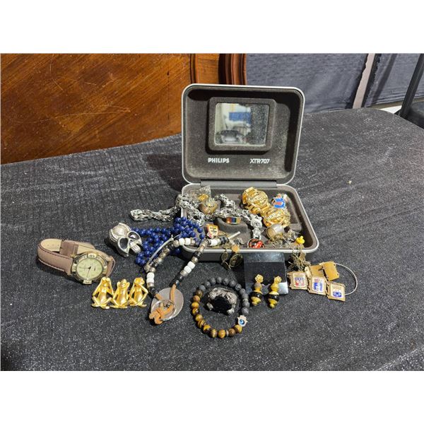 Costume Jewelry With Watch, Bracelets, Rings, Pins, Chains, In Philips Box