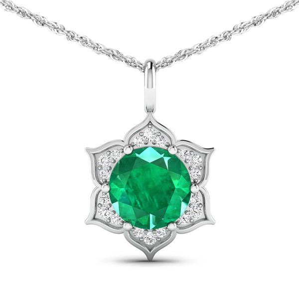 14KT White Gold 1.8ctw Zambian Emerald and Diamond Pendant