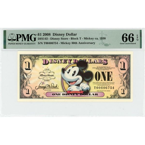 2008 $1 Mickey Disney Dollar PMG 66EPQ