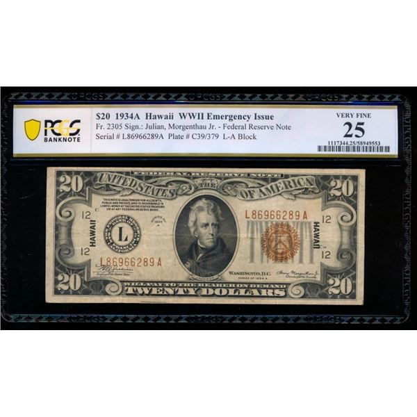 1934A $20 Hawaii FRN PCGS 25