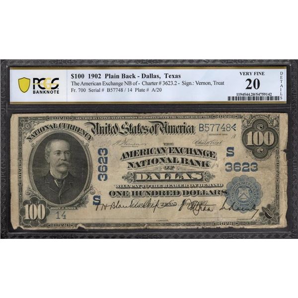 1902 $100 Dallas TX National PCGS 20