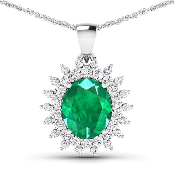 14KT White Gold 3.14ctw Zambian Emerald and Diamond Pendant