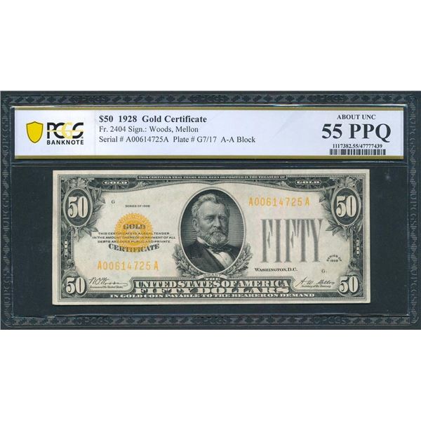 1928 $50 Gold Certificate PCGS 55PPQ