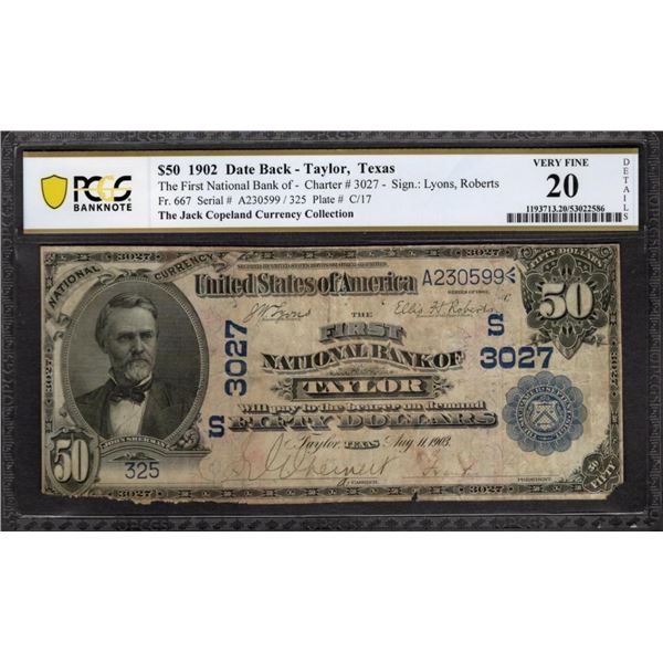1902 $50 Taylor TX National PCGS 20