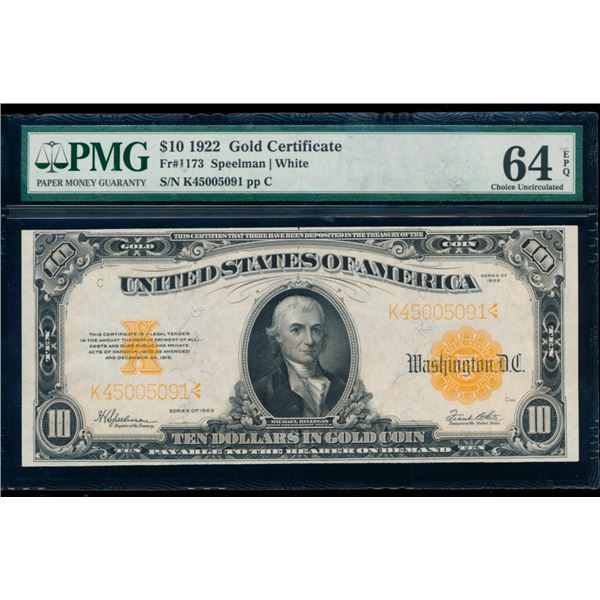 1922 $10 Gold Certificate PMG 64EPQ