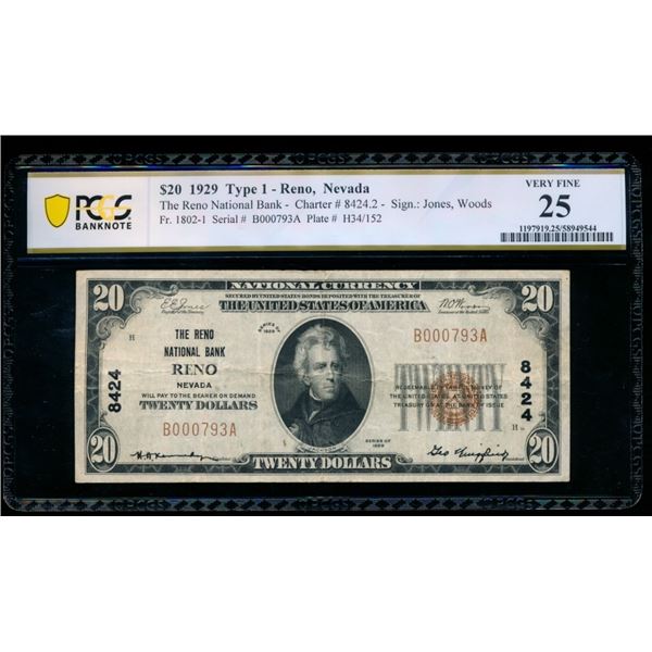 1929 $20 Reno NV National PCGS 25