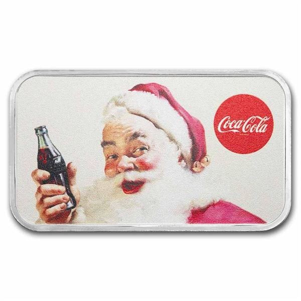 Coca Cola 1 oz Colorized Santa Silver Bar