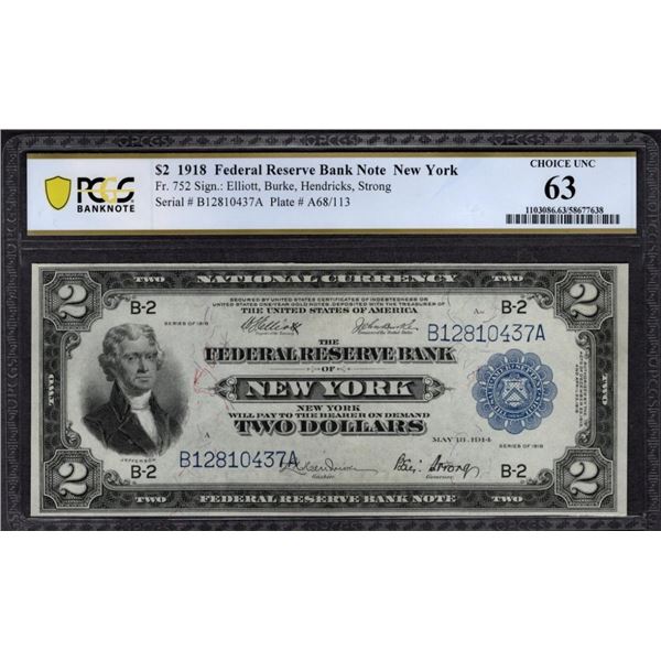 1918 $2 New York FRBN PCGS 63