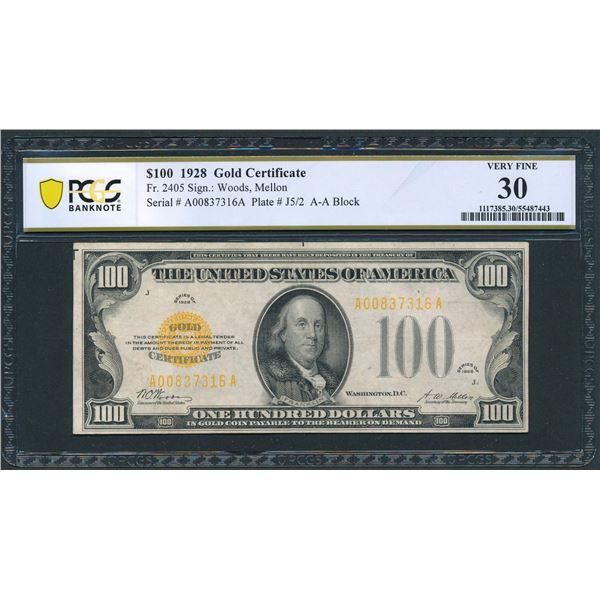 1928 $100 Gold Certificate PCGS 30