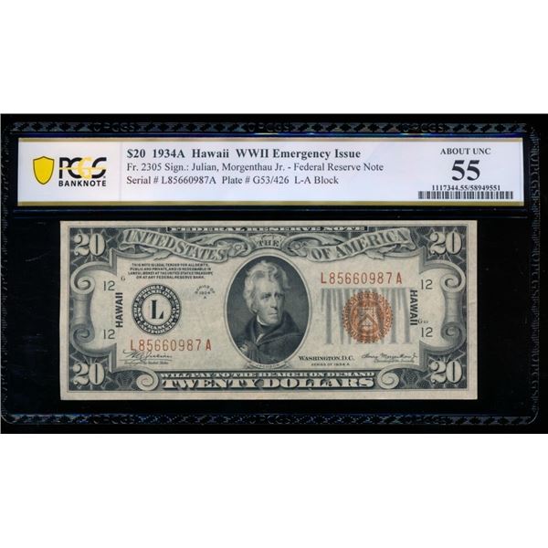 1934A $20 Hawaii FRN PCGS 55