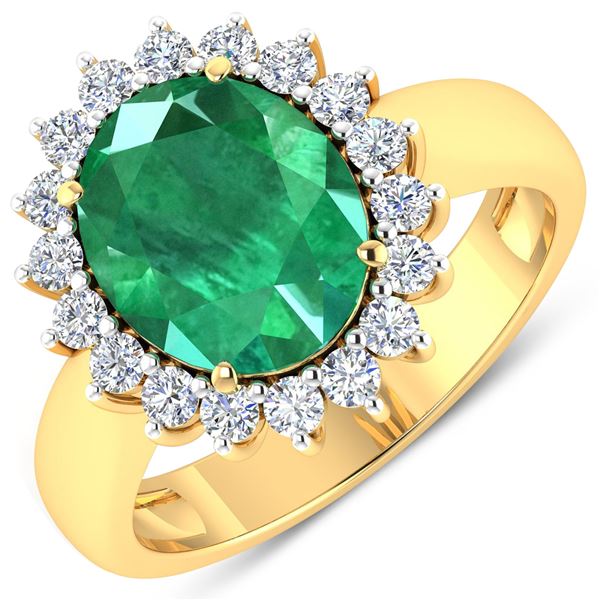 14KT Yellow Gold 3.14ctw Zambian Emerald and Diamond Ring