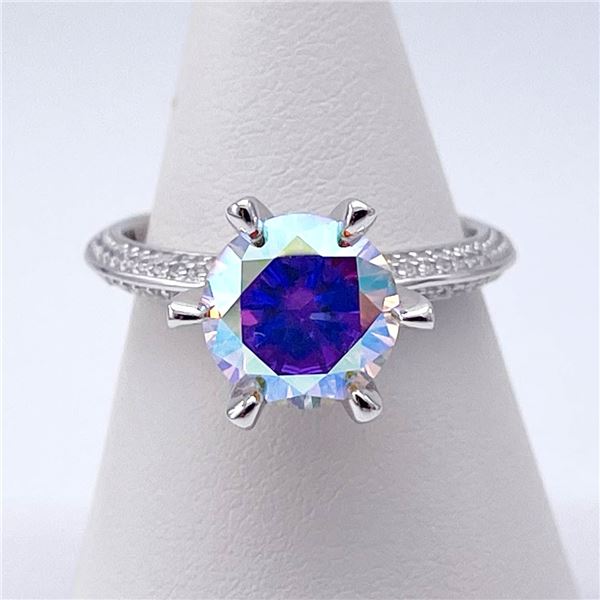 Plated 14KT White Gold 3 Ct VVs1 Rainbow Fire Moissanite Ring