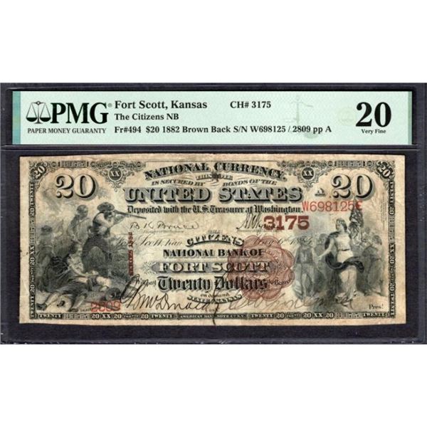 1882 $20 Fort Scott KS National PMG 20
