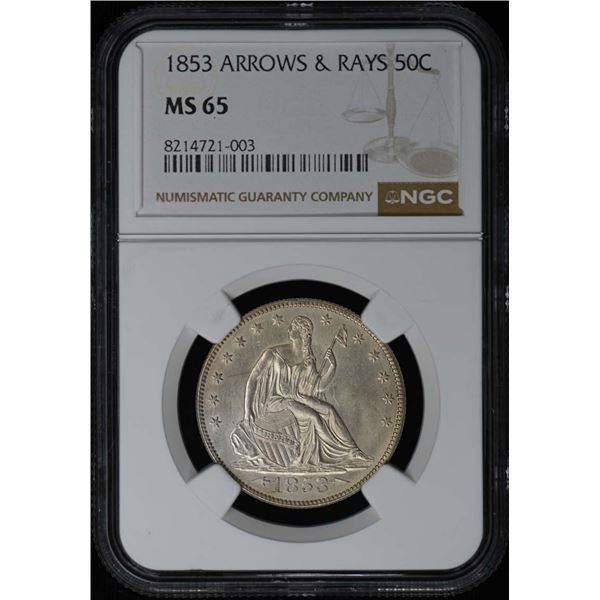 1853 Arrows and Rays Seated Liberty Half Dollar NGC MS65
