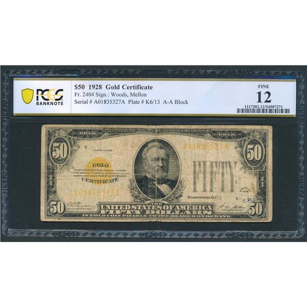 1928 $50 Gold Certificate PCGS 12