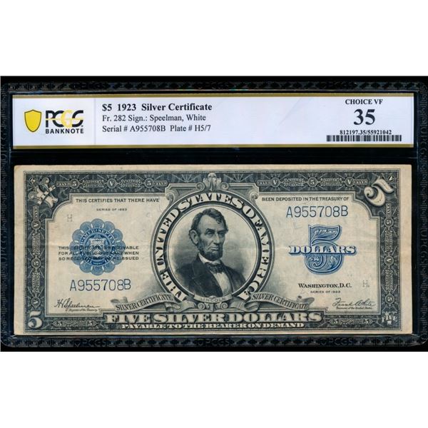 1923 $5 Lincoln Porthole Silver Certificate PCGS 35