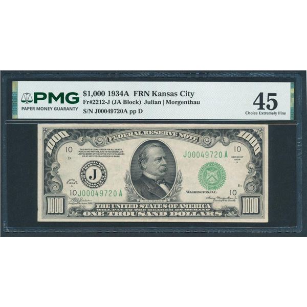 1934A $1000 Kansas City FRN PMG 45