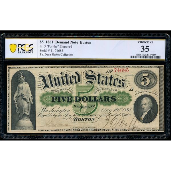 1861 $5 Boston Demand Note PCGS 35
