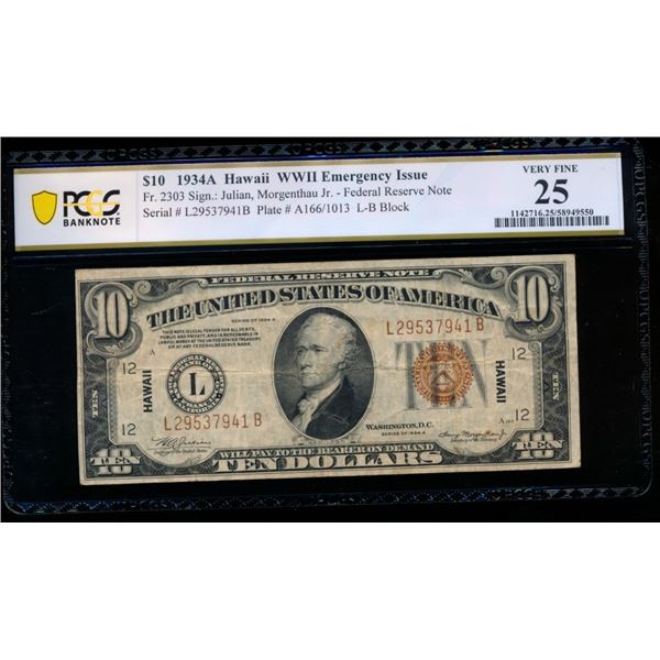 1934A $10 Hawaii FRN PCGS 25