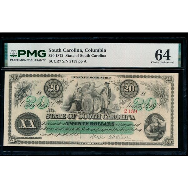 1872 $20 Columbia SC Obsolete PMG 64
