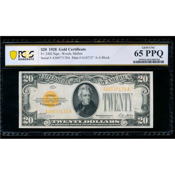 1928 $20 Gold Certificate PCGS 65PPQ