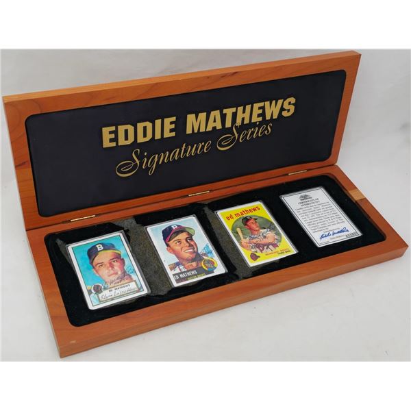 EDDIE MATTHEWS SIGNATURE SERIES IN ORIGINAL BOX - INCLUDES 3 SIGNED TRADING CARDS AND COA