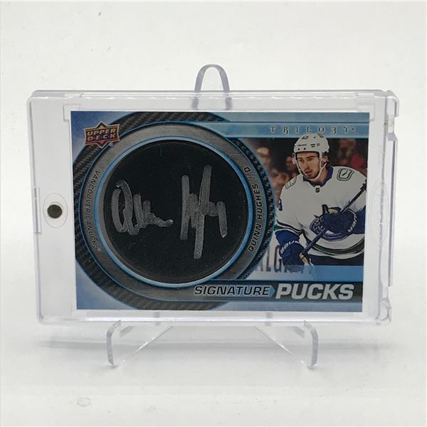2022-23 UPPER DECK TRILOGY HOCKEY QUINN HUGHES SIGNED SIGNATURE PUCKS TRADING CARD