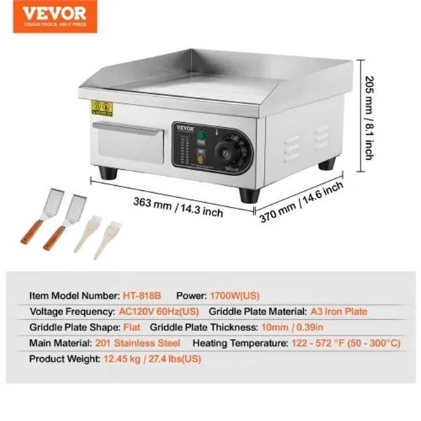 Brand New - Brand New 14-Inch Commercial Electric Flat Top Griddle – 1700W