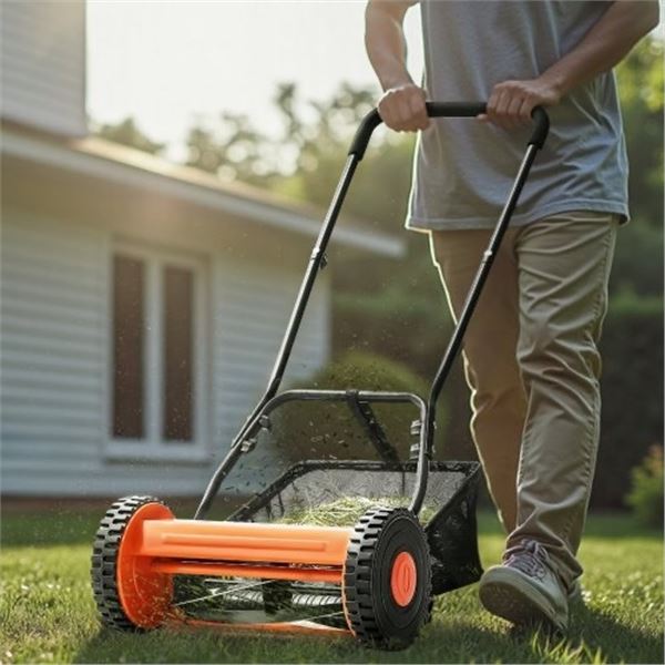 Brand New - Brand New 16-Inch Manual Push Reel Lawn Mower with Grass Catcher