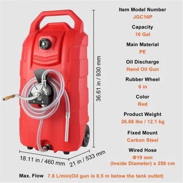 Brand New - Brand New 16-Gallon Portable Fuel Caddy with Hand Pump and Wheels – Red