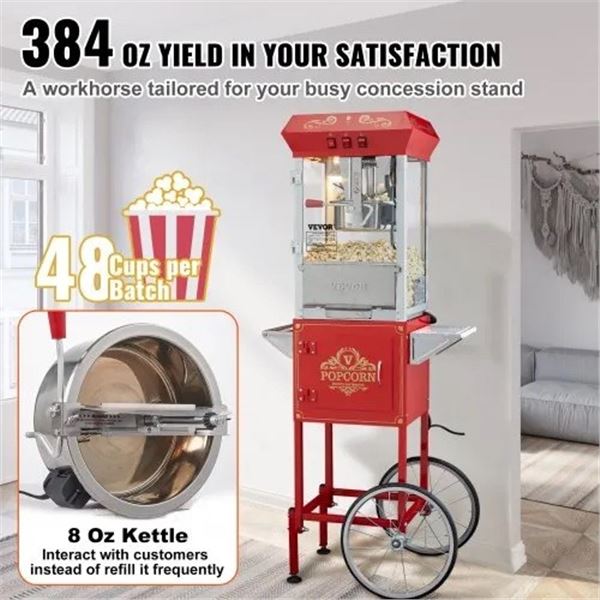 Brand New - Brand New VEVOR Popcorn Machine with Cart 8oz 800W Commercial Popper Red
