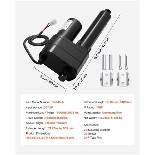 Brand New - Brand New 12V Ultra Heavy-Duty Linear Actuator – 2023 lb Capacity, 6-Inch Strok