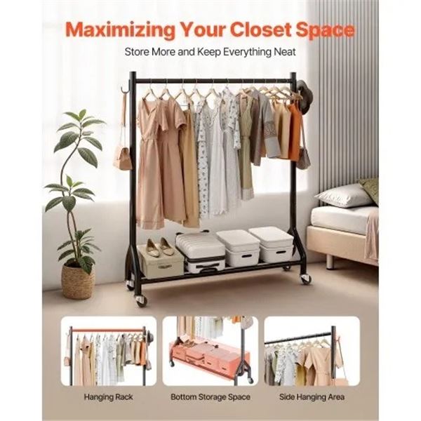 Brand New - Brand New Heavy Duty Rolling Clothes Rack with Hanging Rod & Side Hooks
