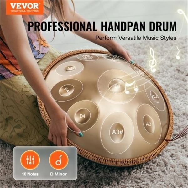 Brand New - Brand New 22-Inch Golden 10-Note Handpan Drum Set with Stand and Carry Bag