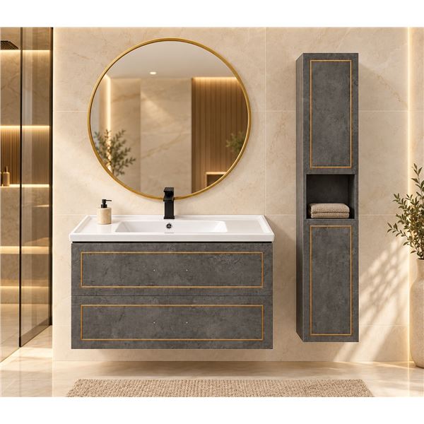 Brand New - Brand New Modern Floating Bathroom Vanity Set with Sink, Round Mirror, Faucet & Tall Sto