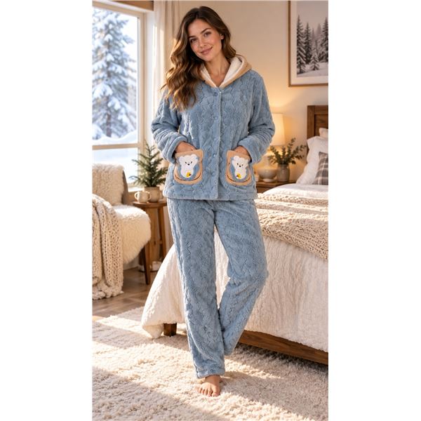 Brand New - Brand New Women’s 2-Piece Hooded Plush Fleece Pajama Set – Blue Grey, 