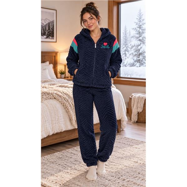 Brand New - Brand New Women’s 2-Piece Hooded Plush Fleece Pajama Set – Navy Blue, 