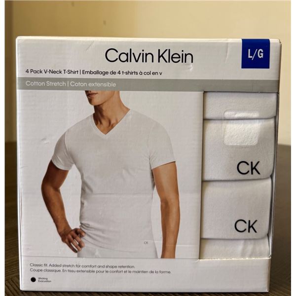 Brand New Calvin Klein Men's 4-Pack White V-Neck T-Shirts - Large