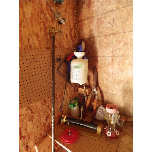 garden sprayer and assorted garden tools