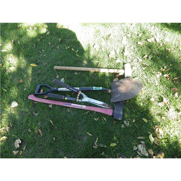 axe, Short handled spade, Sledgehammer and hedge trimmers