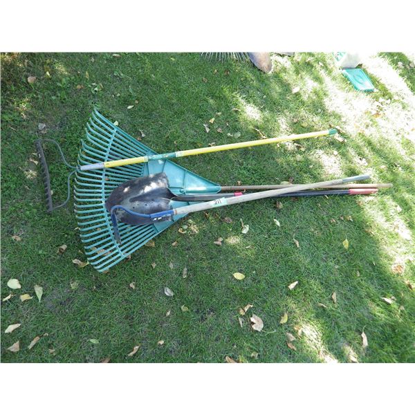 Rakes, long handled shovel , garden hoe